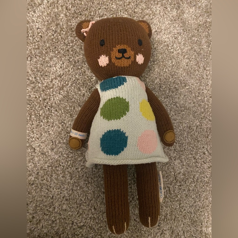 Cuddle + Kind IVY Brown Bear Plush Knit Doll in Dress - Handmade Peru 13”